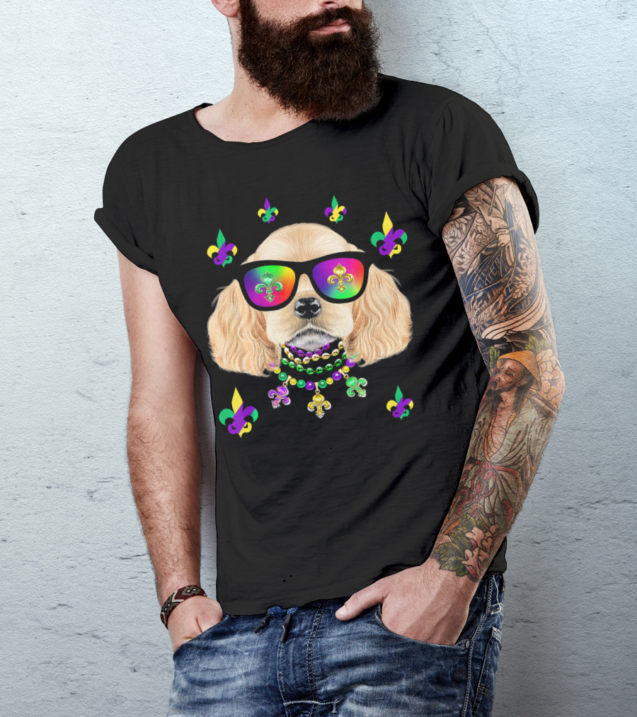 Dog Wearing Mardi Gras Beads And Sunglasses With Fleur-de-Lis T-Shirt