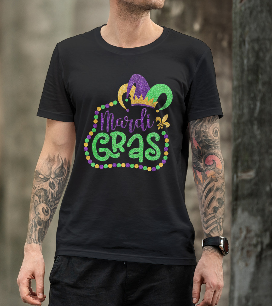 Mardi Gras Glitter Jester Hat Fleur De Lis T-Shirt