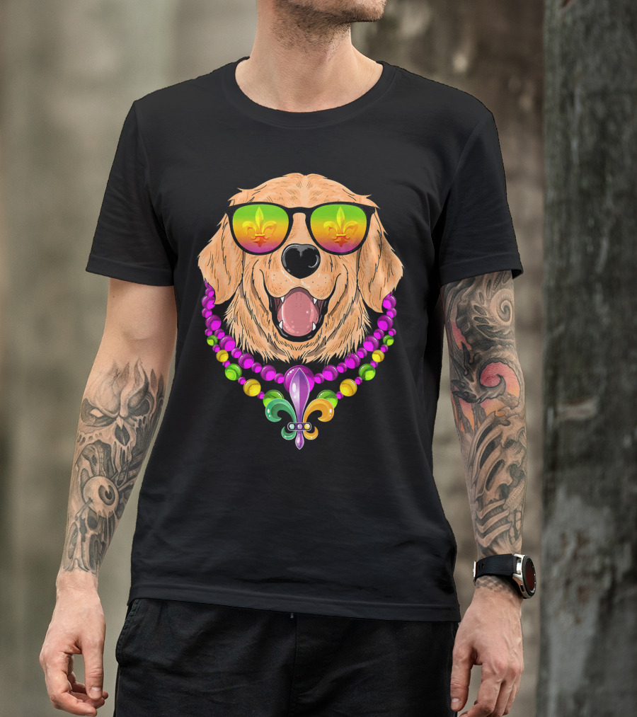 Golden Retriever With Fleur-de-Lis Beads And Sunglasses Mardi Gras T-Shirt