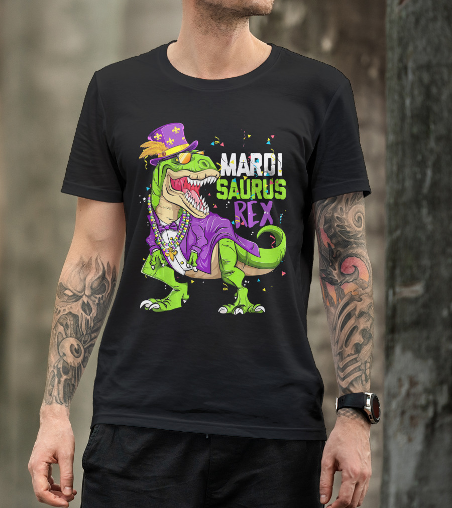 Mardi Saurus Rex Dinosaur Mardi Gras Confetti Fleur-de-lis Beads Hat T-Shirt