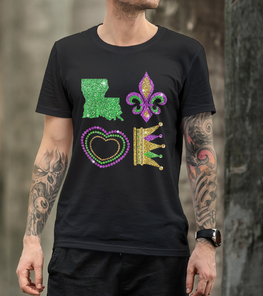 Love Mardi Gras Funny New Orleans Mardi Louisiana Glitter Fleur-de-Lis Heart Crown T-Shirt