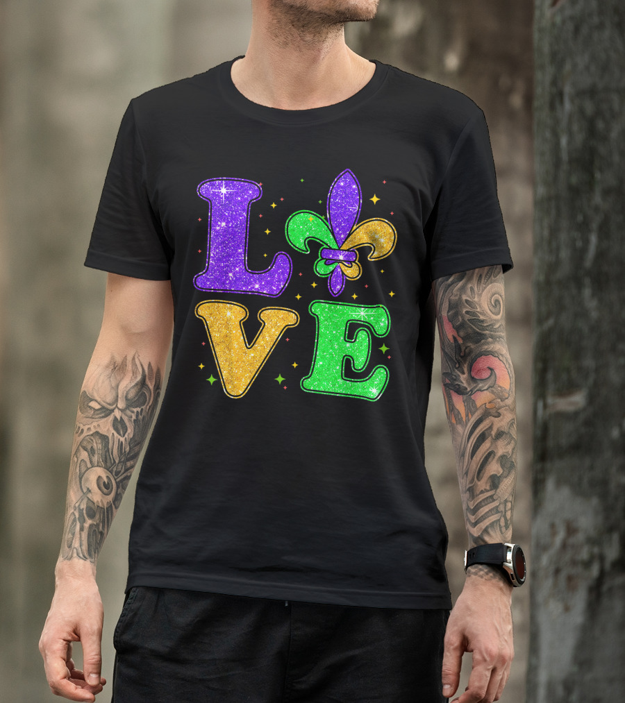 Love Mardi Gras Fleur De Lis Glitter T-Shirt