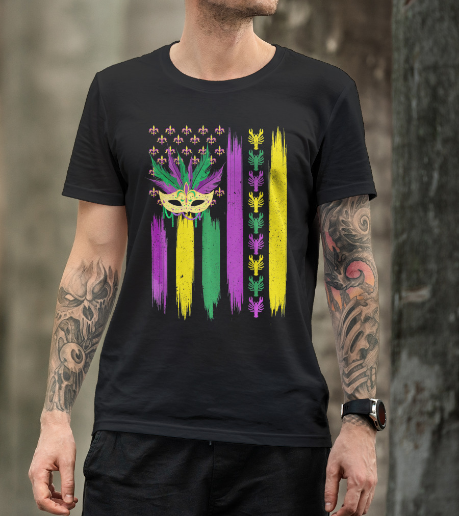 Crawfish Mask Mardi Gras Fleur-de-Lis American Flag Colors T-Shirt