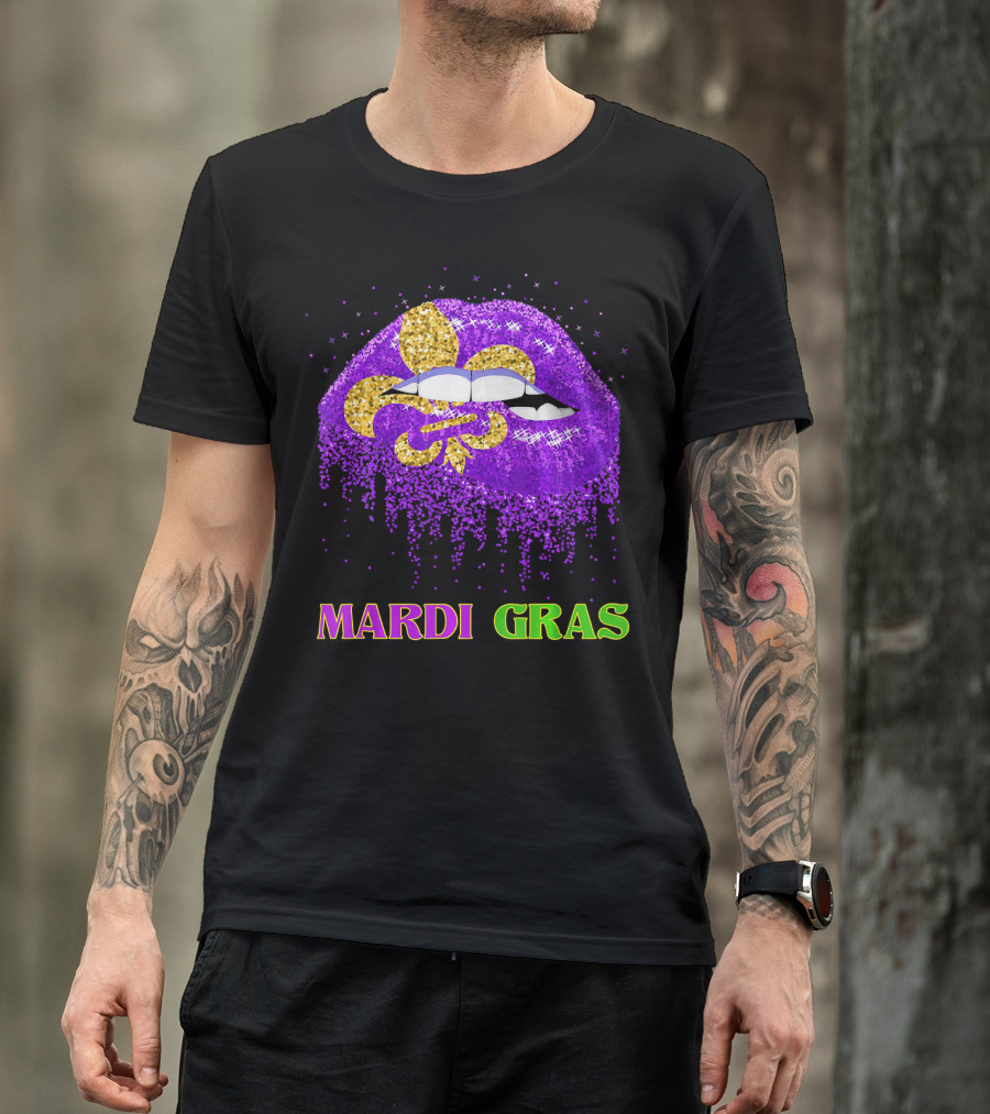 Mardi Gras Costume Funny Lips Glitter Fleur-de-lis T-Shirt
