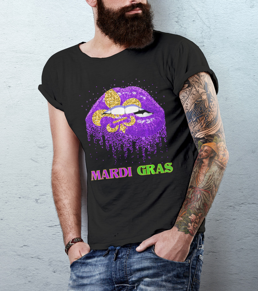 Mardi Gras Costume Funny Lips Glitter Fleur-de-lis T-Shirt