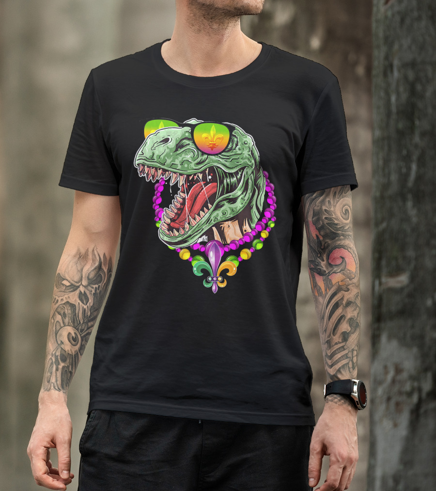 Dinosaur Rex Mardi Gras Beads With Fleur-de-Lis And Sunglasses T-Shirt