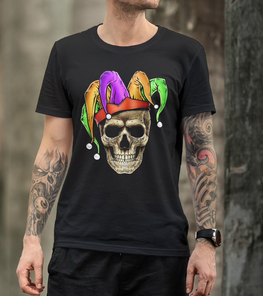 Skull Face Mardi Gras Jester Joker Colorful Hat T-Shirt