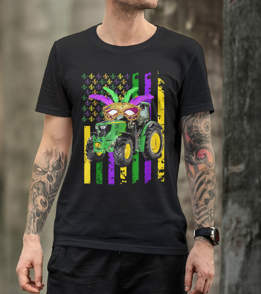 Mardi Gras Mask Tractor With Fleur-de-Lis And American Flag Colors T-Shirt
