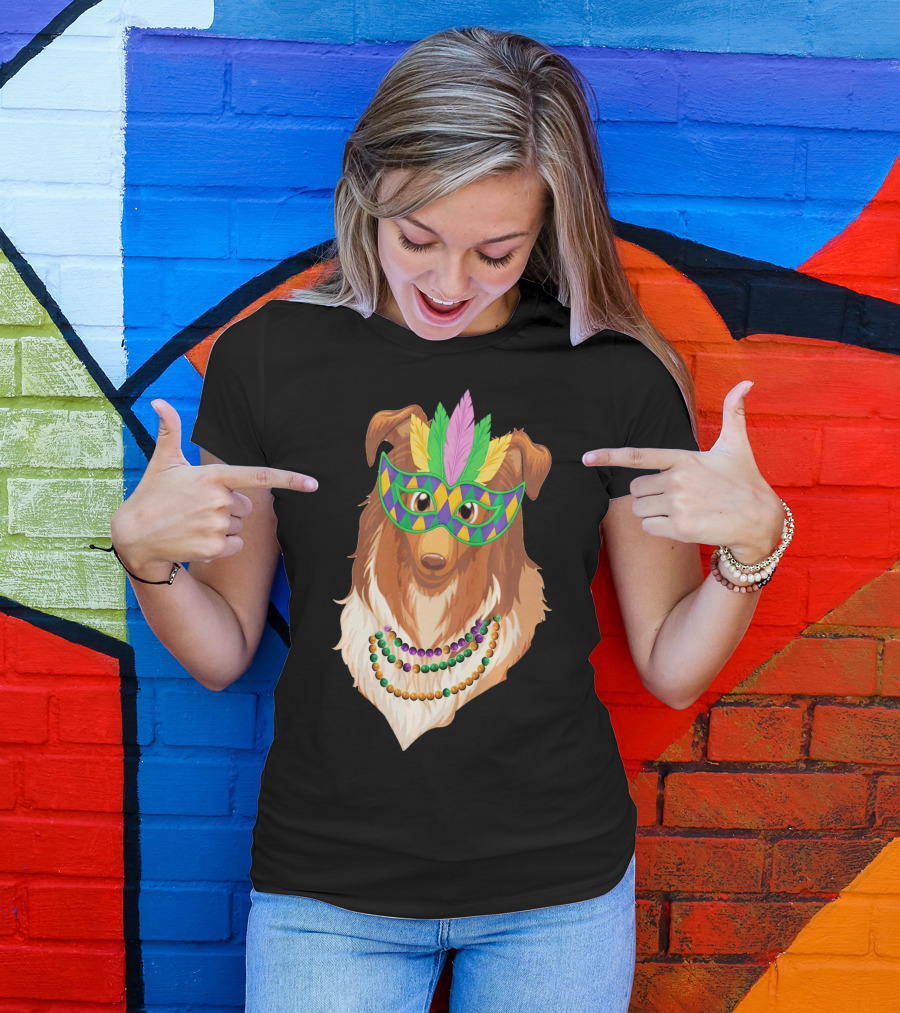 Collie Wearing Mardi Gras Mask And Beads T-Shirt