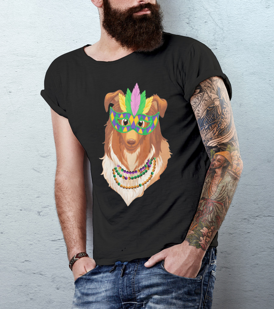 Collie Wearing Mardi Gras Mask And Beads T-Shirt