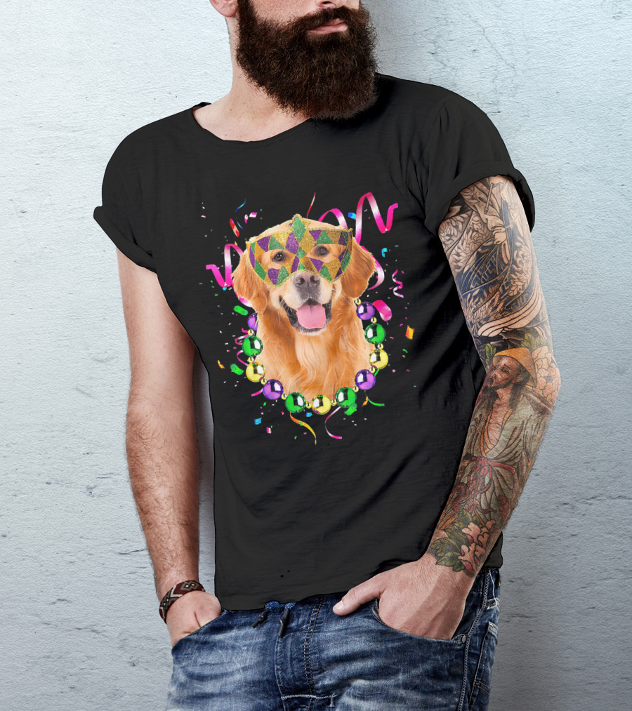 Golden Retriever Mardi Gras Mask And Beads T-Shirt