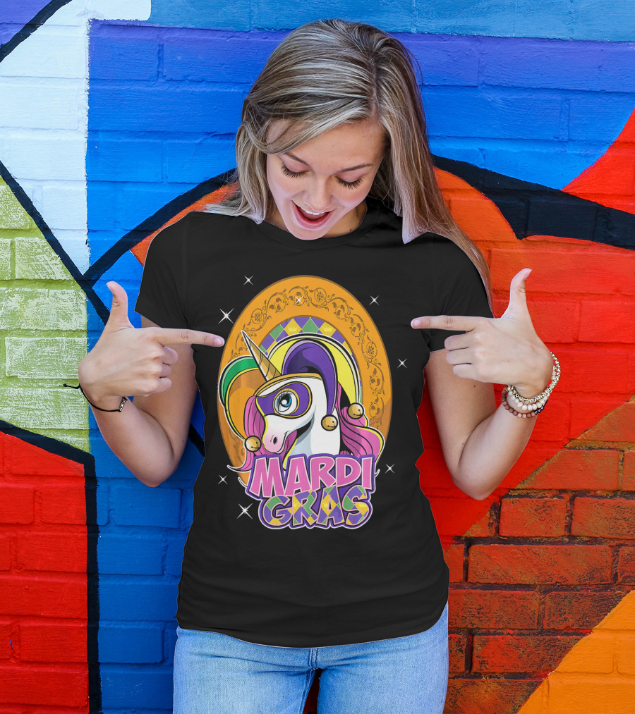 Mardi Gras Unicorn Mask Jester With Colorful Headpiece And Stars T-Shirt