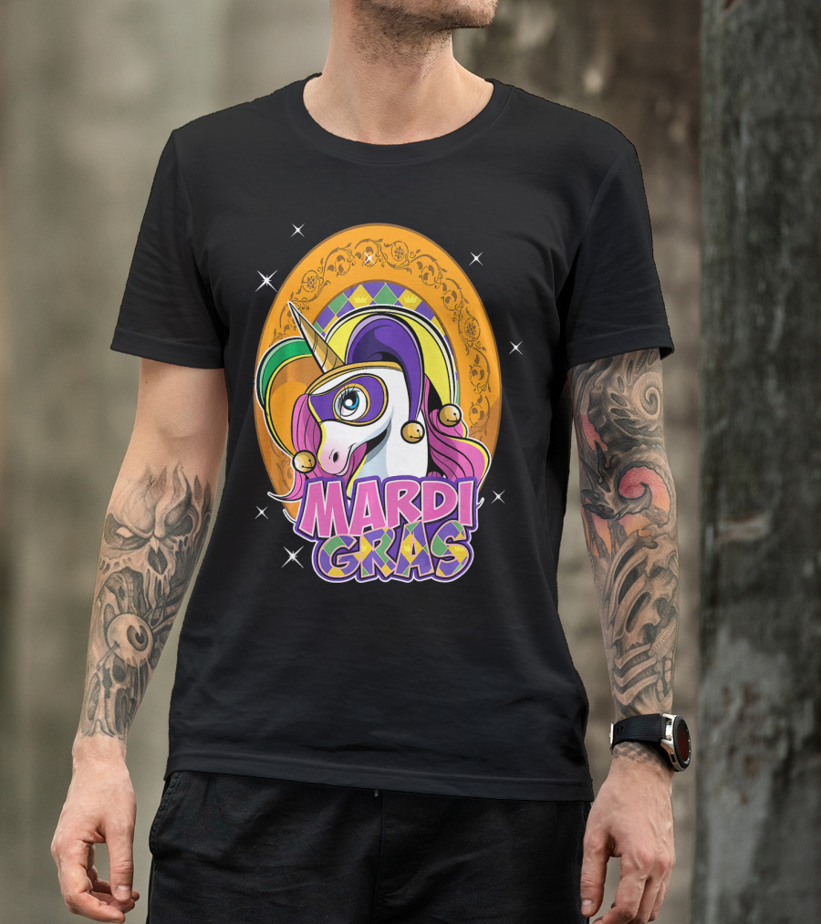 Mardi Gras Unicorn Mask Jester With Colorful Headpiece And Stars T-Shirt