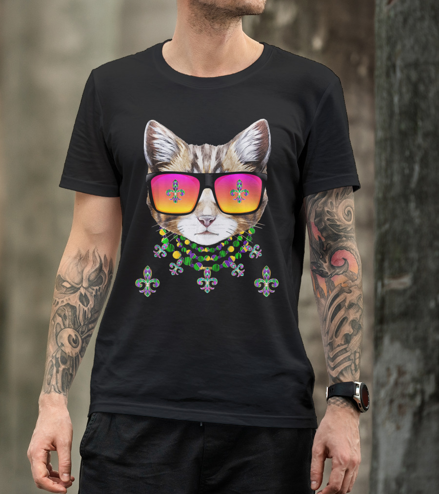 Mardi Gras Cat With Beads And Sunglasses Fleur-de-lis Icons T-Shirt