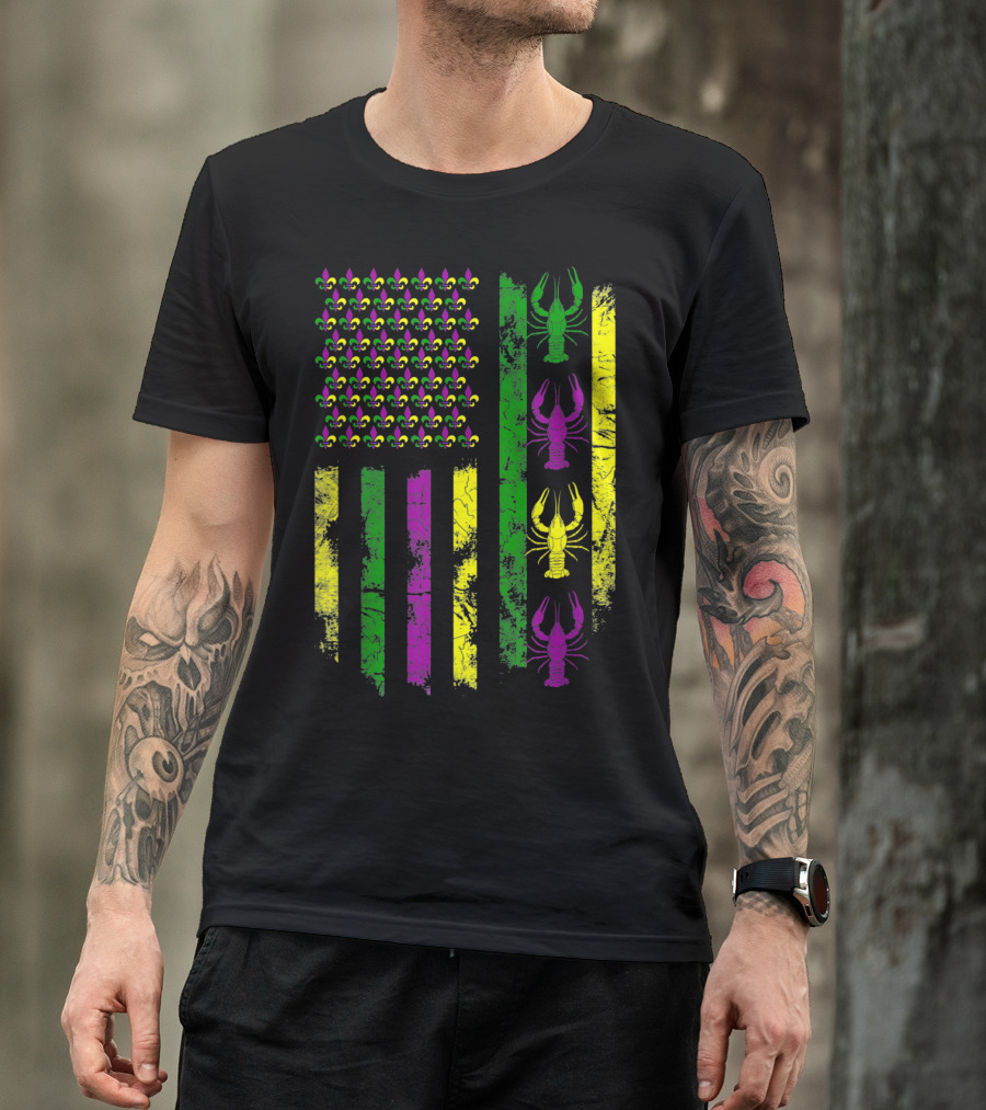 Mardi Gras Fleur-de-Lis Crawfish Flag In Purple Green Gold T-Shirt