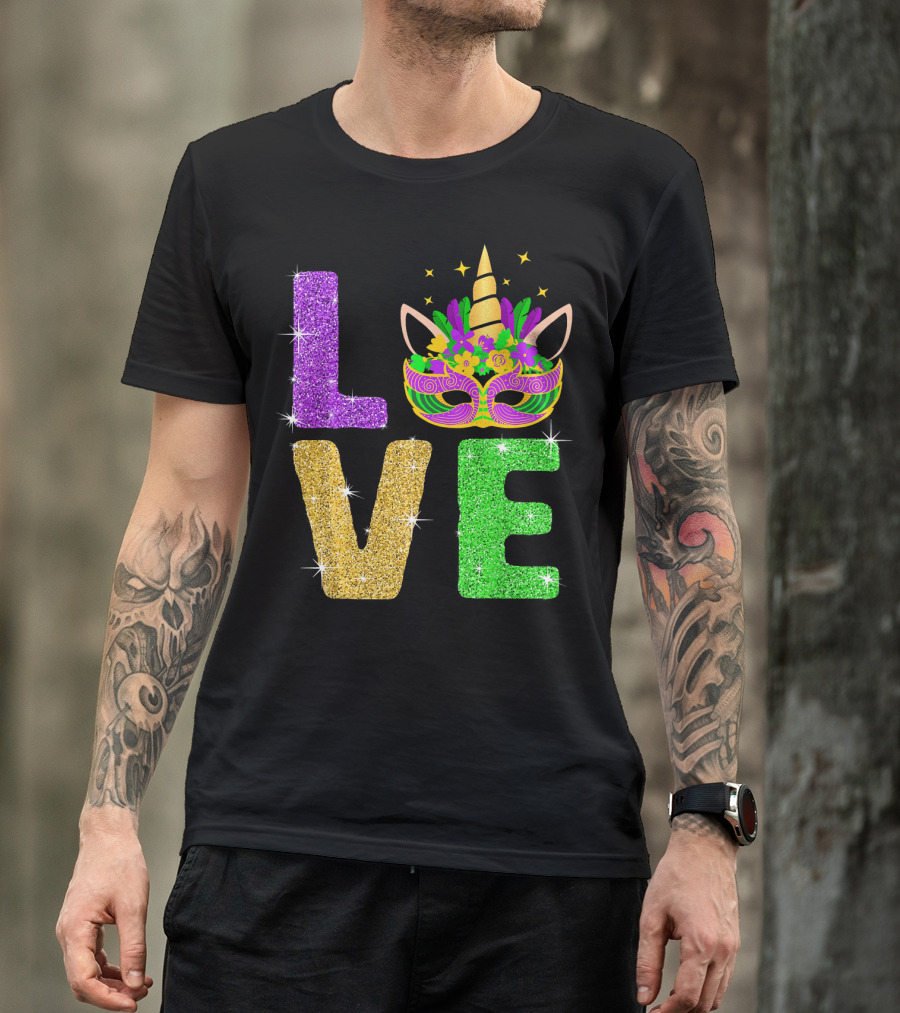 Unicorn Masquerade Mask Mardi Gras Love T-Shirt