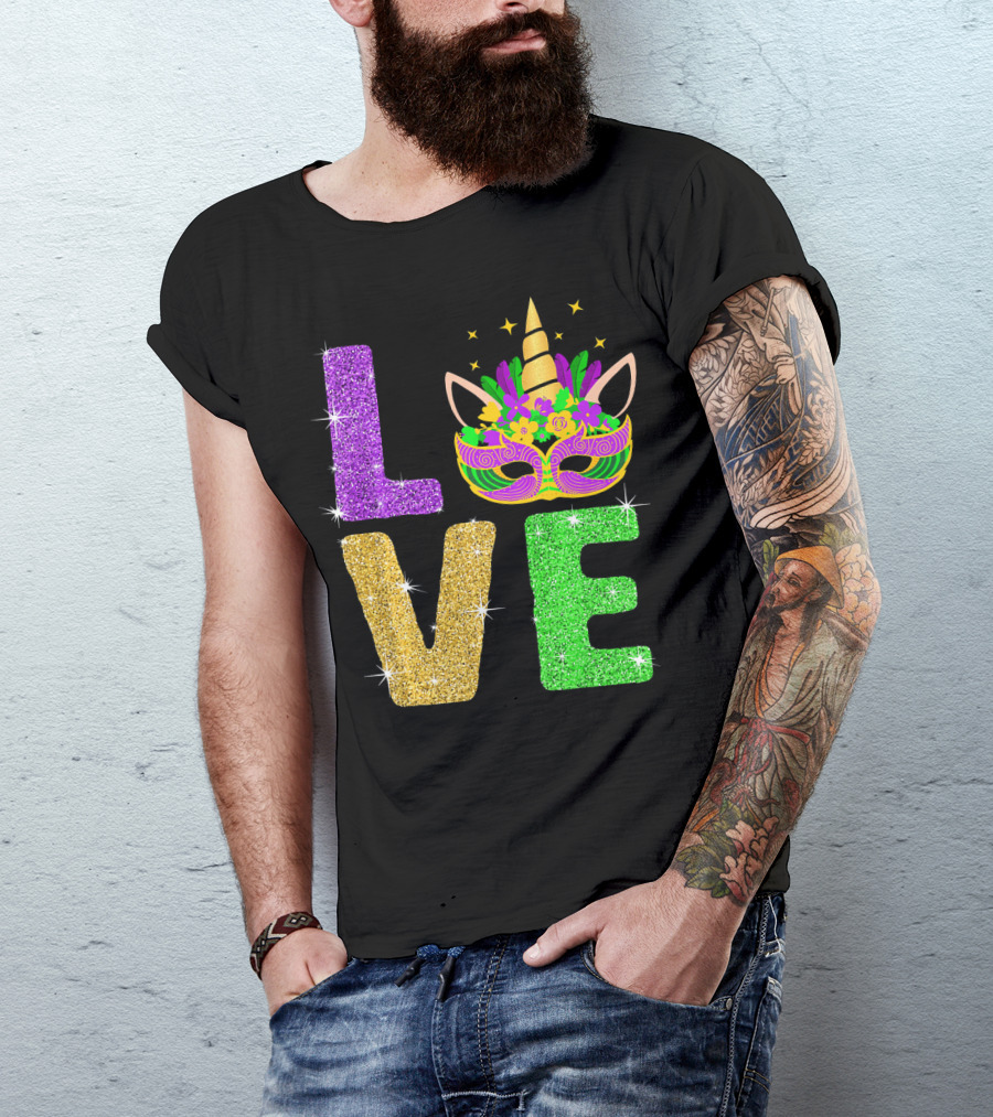 Unicorn Masquerade Mask Mardi Gras Love T-Shirt