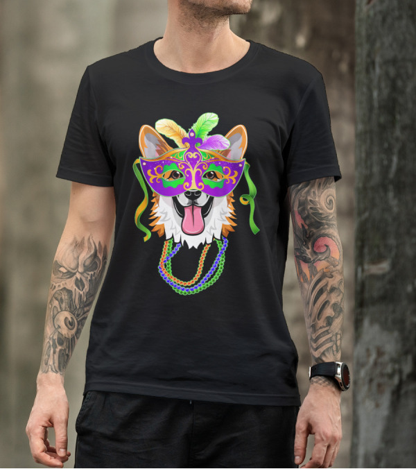 Mardi Gras Corgi Mask With Colorful Beads And Feathers T-Shirt