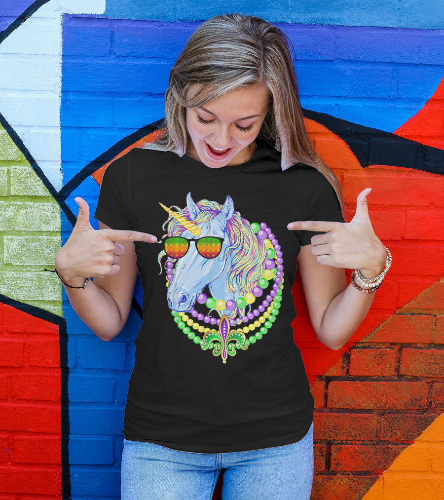 Unicorn With Sunglasses And Colorful Beads Featuring Fleur-de-Lis For Mardi Gras T-Shirt