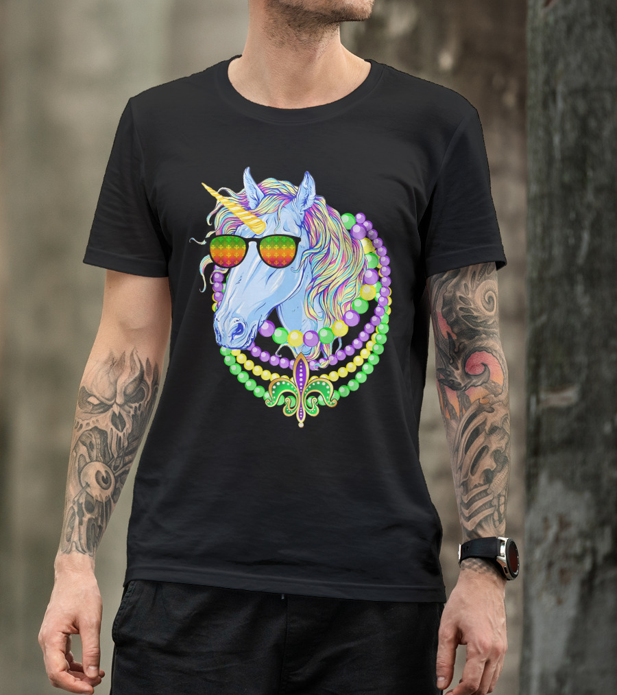 Unicorn With Sunglasses And Colorful Beads Featuring Fleur-de-Lis For Mardi Gras T-Shirt