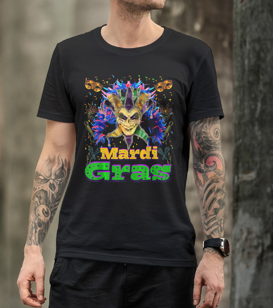 Mardi Gras New Orleans Mask Bead Colorful Jester Carnival T-Shirt