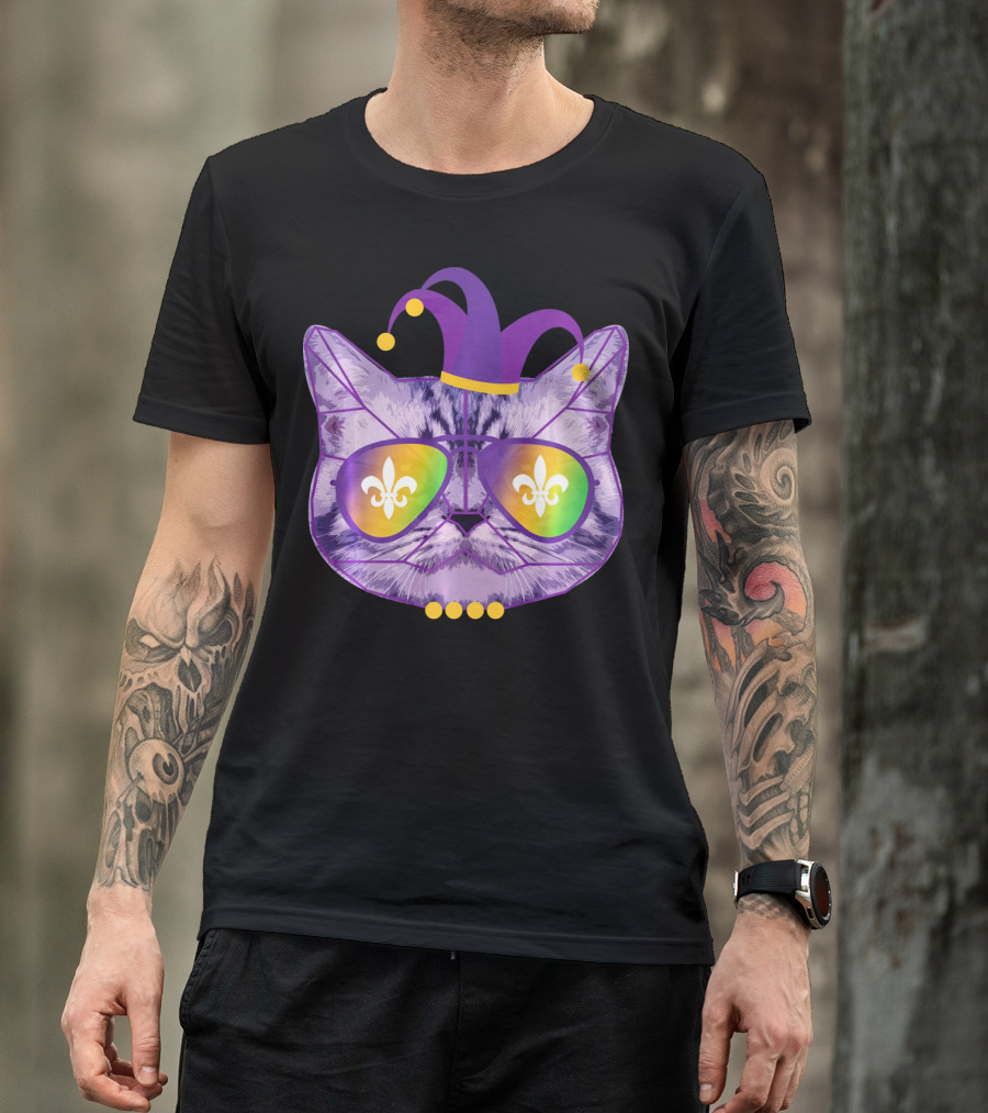 Funny Cat Jester Mask Sunglasses Cat Lover Fleur-de-lis T-Shirt