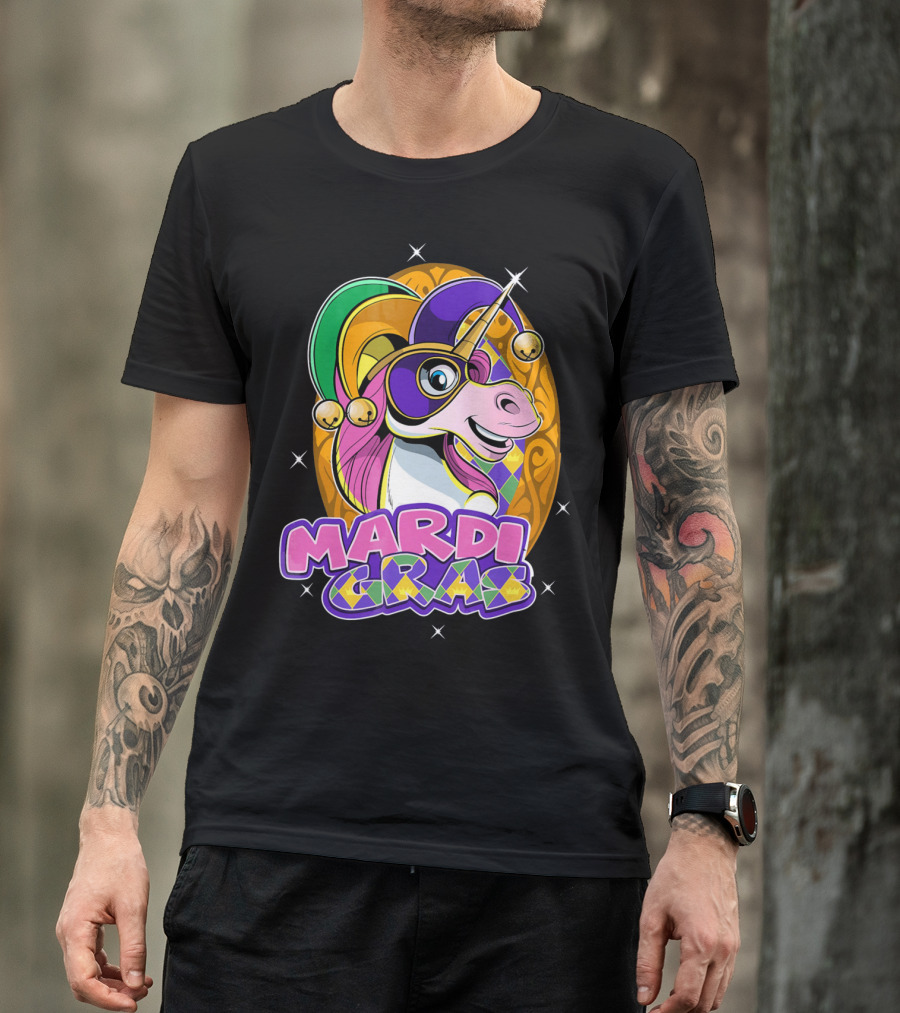 Mardi Gras Unicorn With Jester Hat And Masquerade Mask T-Shirt