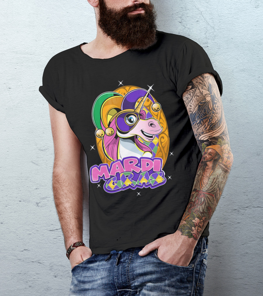 Mardi Gras Unicorn With Jester Hat And Masquerade Mask T-Shirt
