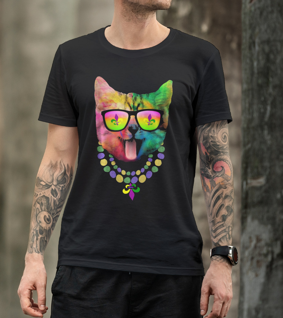 Cool Cat Mardi Gras Costume With Colorful Beads And Sunglasses Fleur-de-Lis T-Shirt