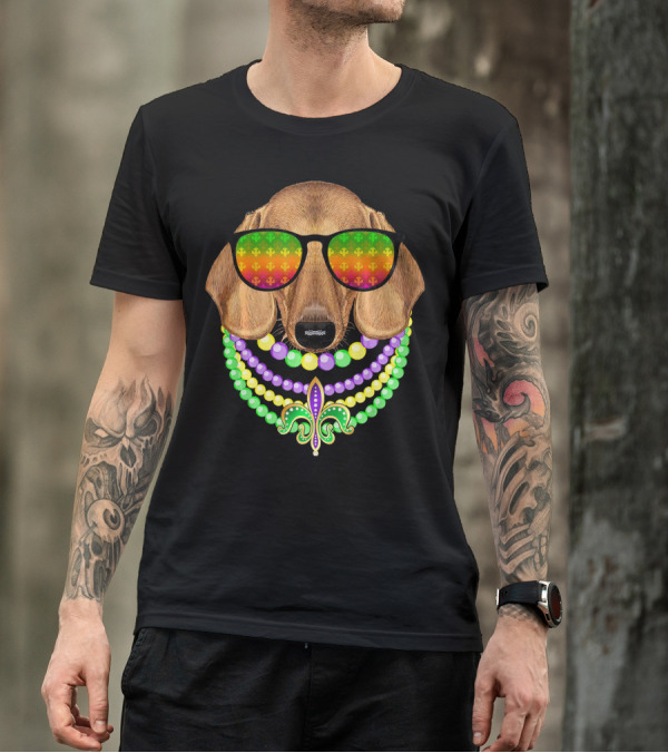Mardi Gras Dachshund Beads Fleur-de-Lis Sunglasses T-Shirt