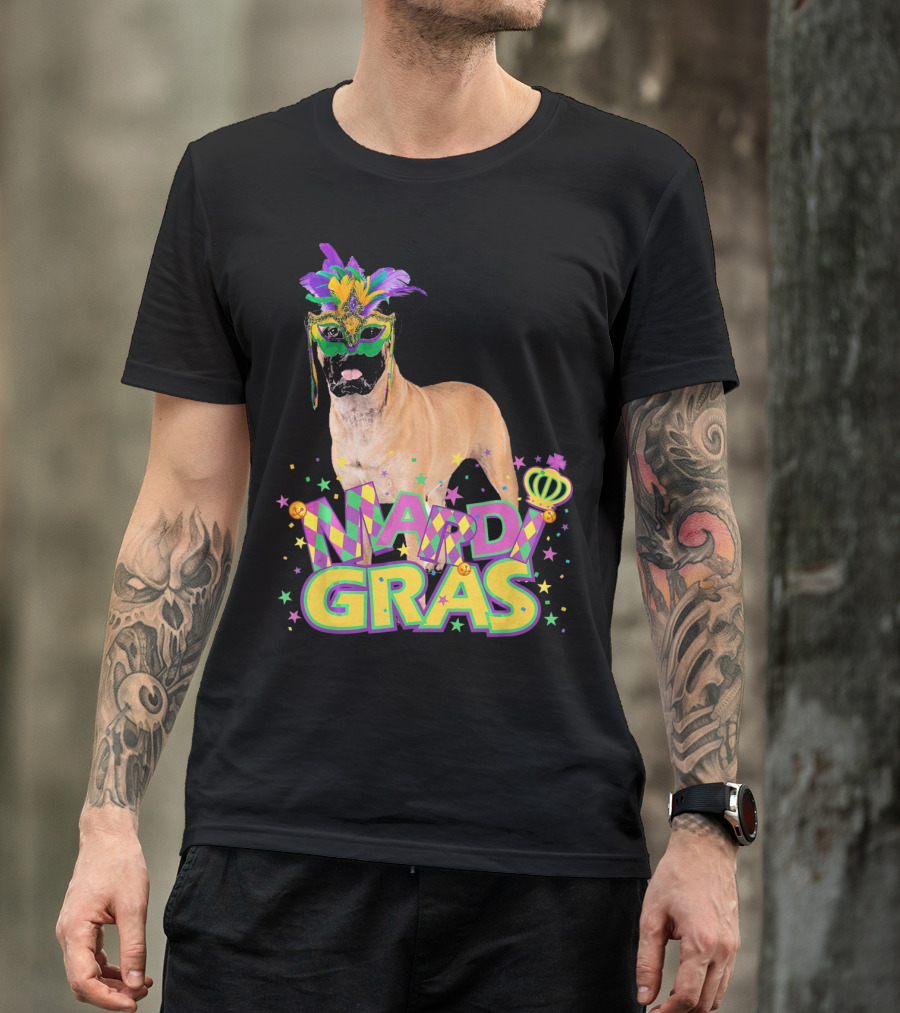 Mardi Gras Bullmastiff Mask Feathers Stars T-Shirt