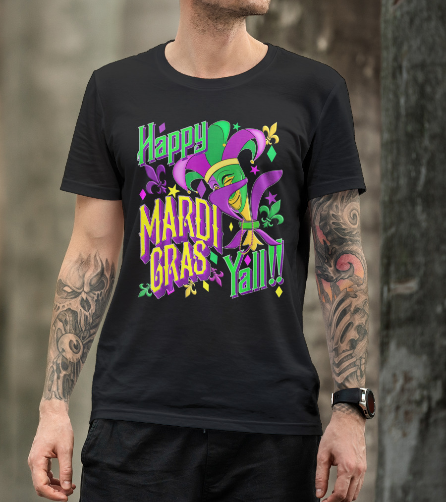 Happy Mardi Gras Yall Jester Mask Fleur De Lis T-Shirt