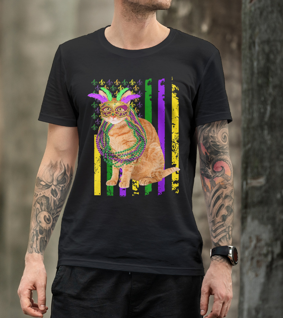 Mardi Gras Cat With Beads And Mask On Fleur-de-Lis American Flag Background T-Shirt