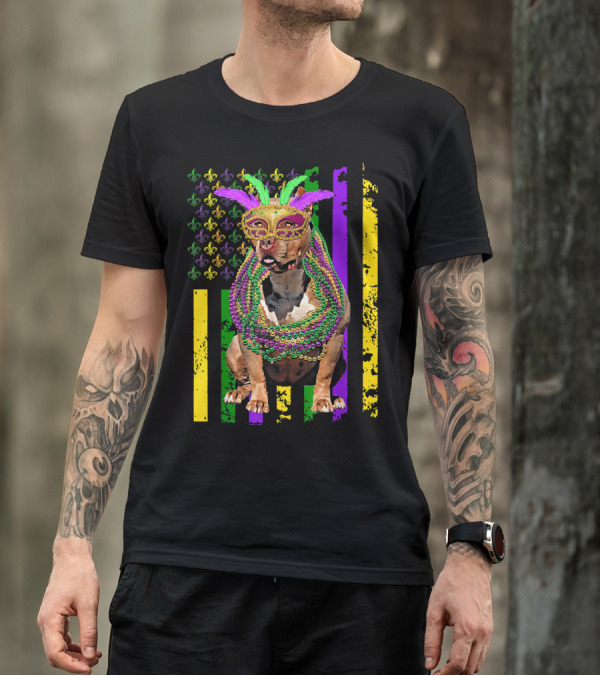 Pitbull Wearing Mardi Gras Beads And Mask With American Flag And Fleur De Lis T-Shirt