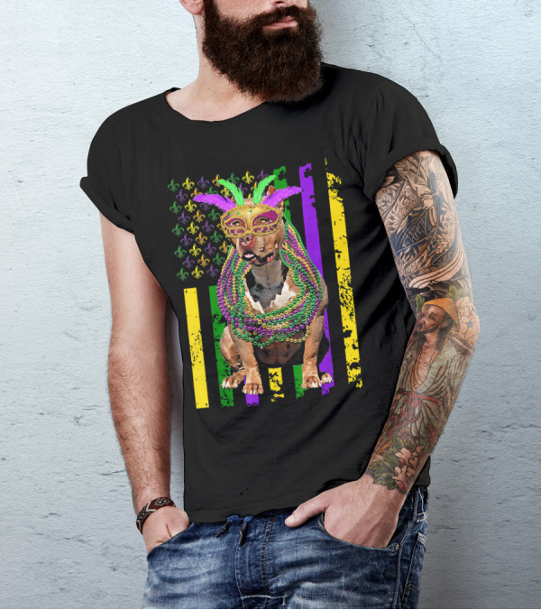 Pitbull Wearing Mardi Gras Beads And Mask With American Flag And Fleur De Lis T-Shirt