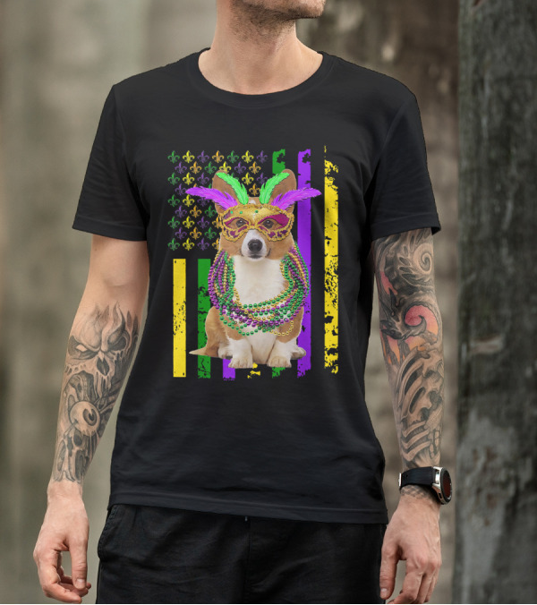 Corgi Mardi Gras American Flag With Beads And Mask T-Shirt