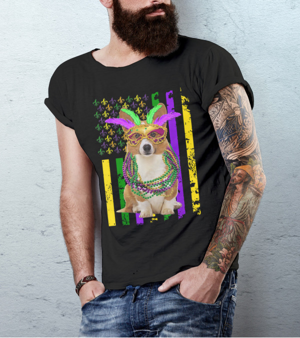 Corgi Mardi Gras American Flag With Beads And Mask T-Shirt