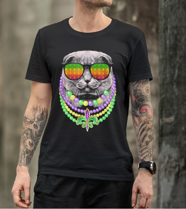 Mardi Gras Cat In Sunglasses With Beads And Fleur-de-Lis T-Shirt