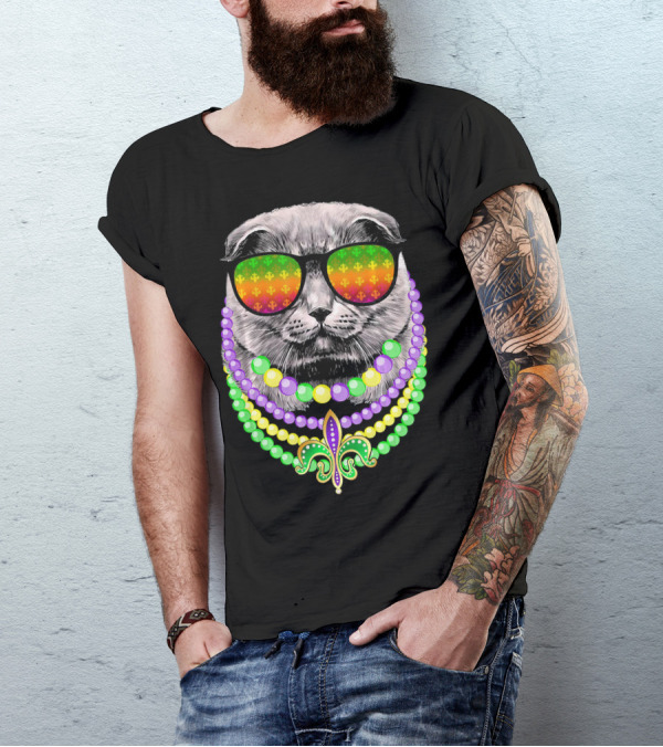 Mardi Gras Cat In Sunglasses With Beads And Fleur-de-Lis T-Shirt