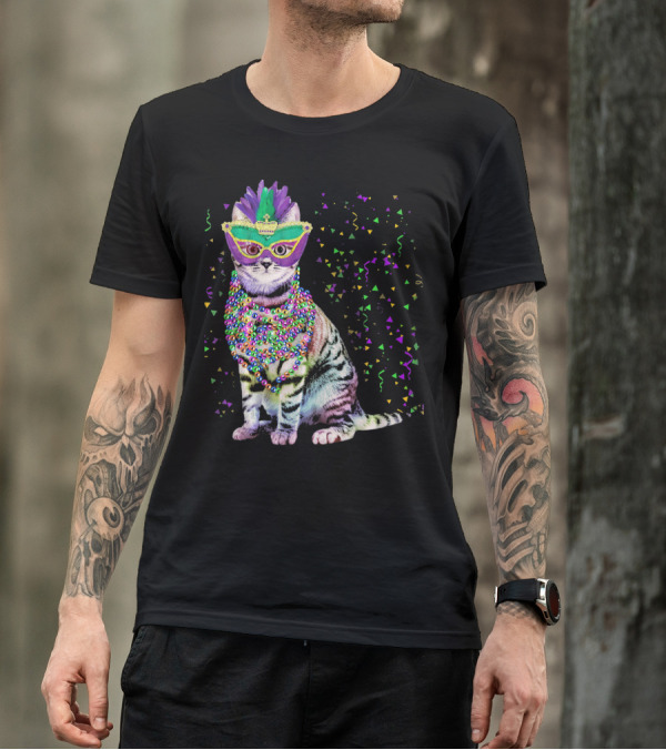 Cat Mardi Gras Beads Confetti Mask T-Shirt