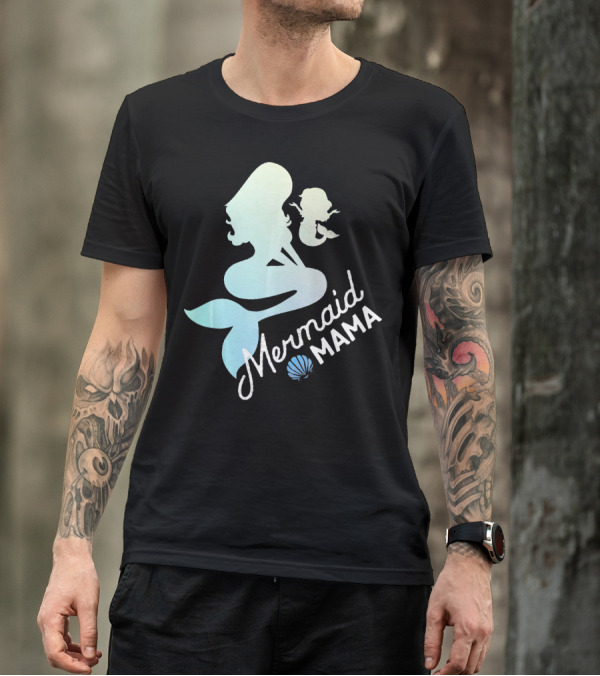Mermaid Mama Sea Lover With Baby Silhouette And Shell T-Shirt