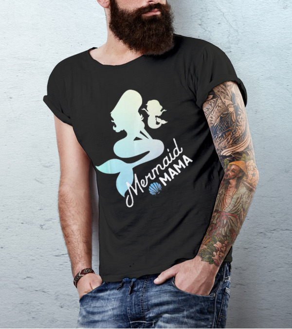 Mermaid Mama Sea Lover With Baby Silhouette And Shell T-Shirt