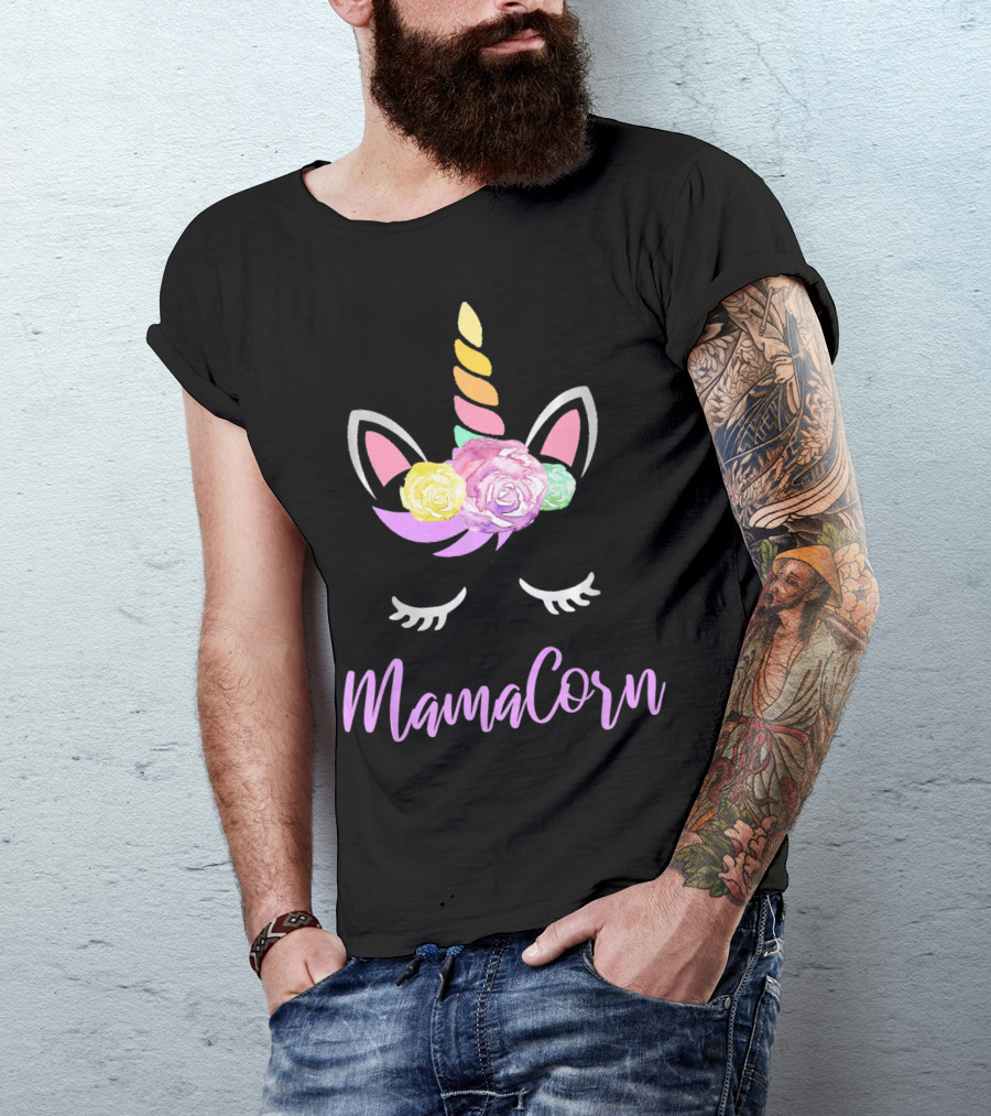 Mamacorn Unicorn Floral Roses Horn Ears And Lashes T-Shirt