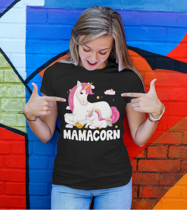 Mamacorn Unicorn New Mom Baby Momm With Stars And Clouds T-Shirt