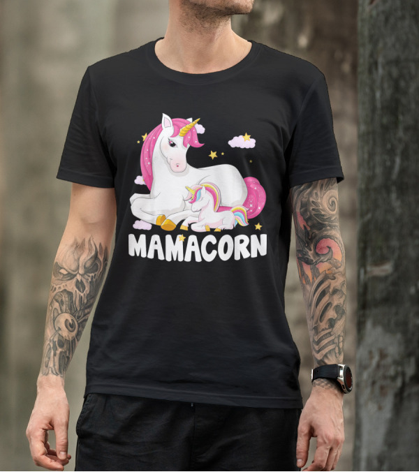 Mamacorn Unicorn New Mom Baby Momm With Stars And Clouds T-Shirt