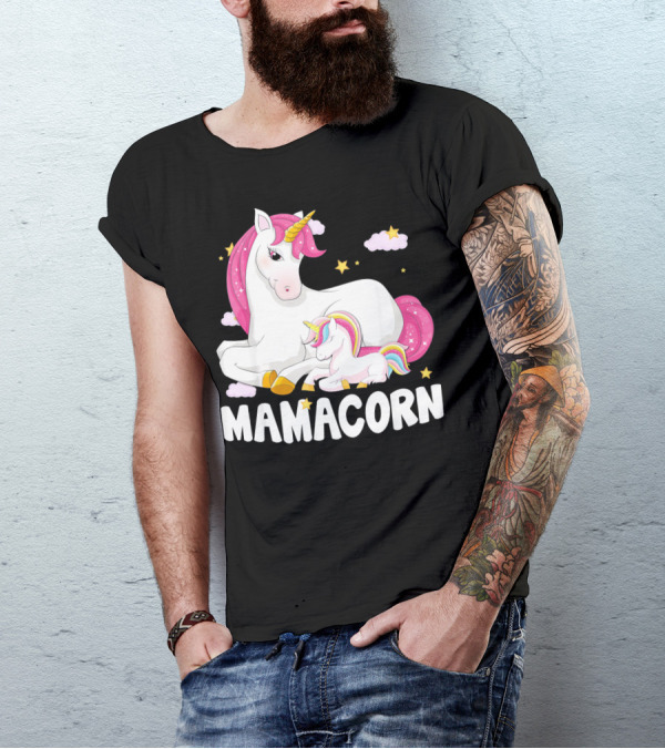 Mamacorn Unicorn New Mom Baby Momm With Stars And Clouds T-Shirt