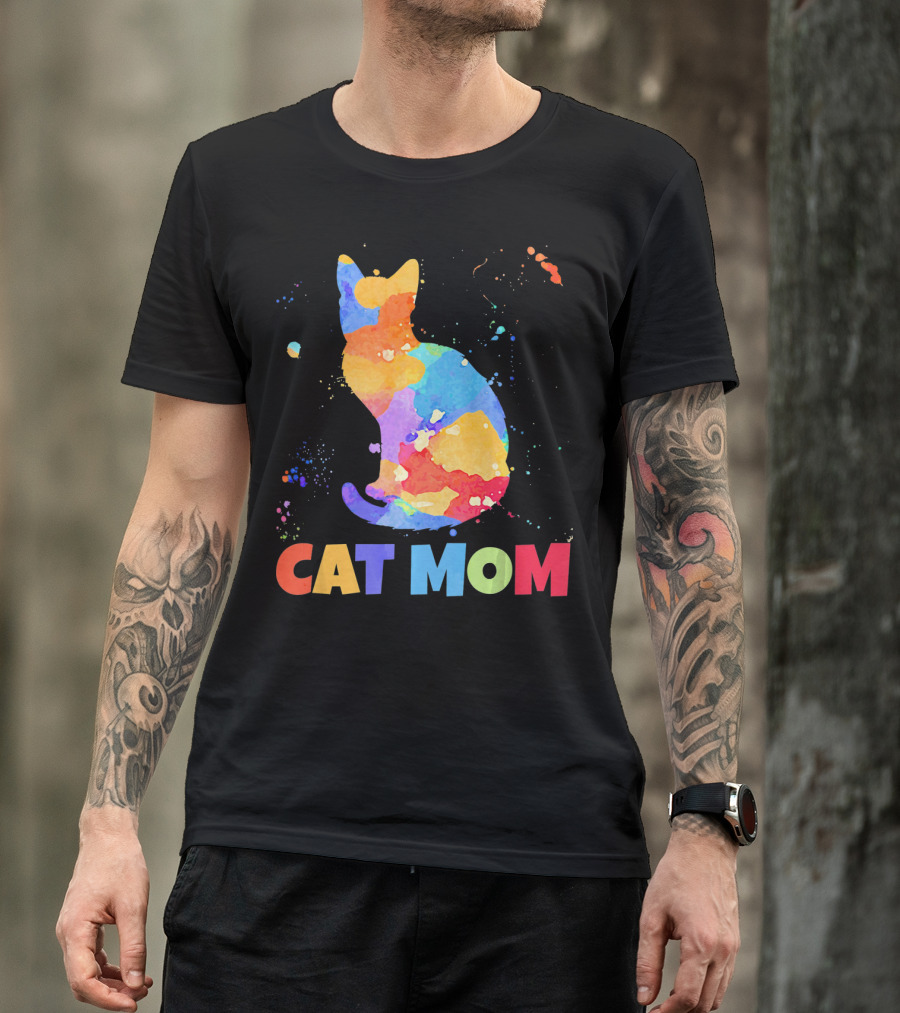 CAT MOM Colorful Watercolor Silhouette With Splash T-Shirt