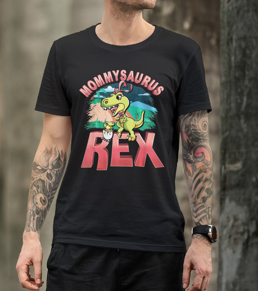 Mommysaurus Rex Dinosaur With Baby Egg In Prehistoric Landscape T-Shirt