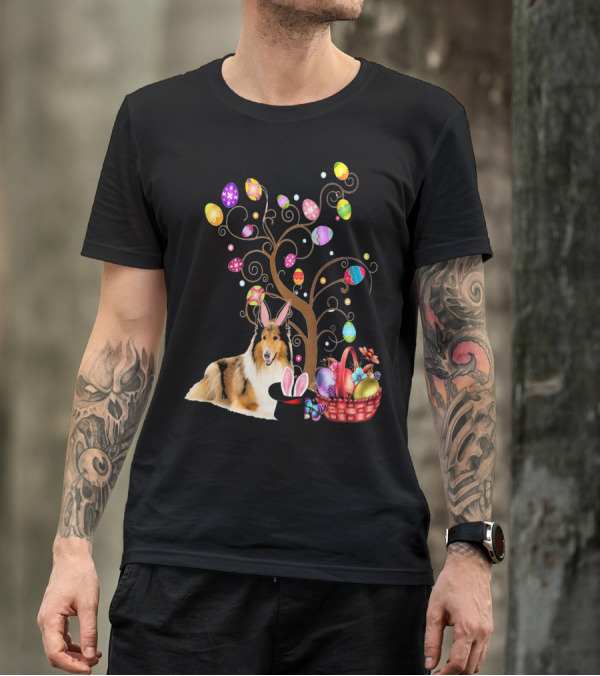 Bunny Rough Collie Easter Day Hunting Eggs Basket Tree T-Shirt
