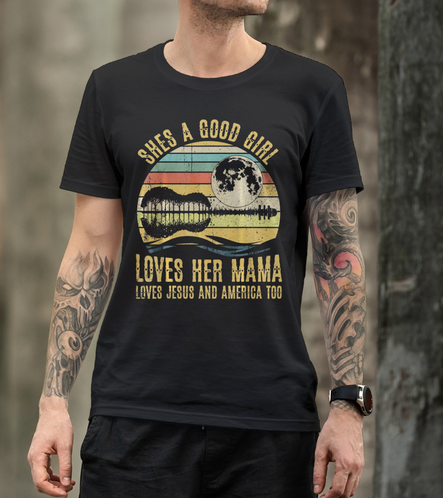 She's A Good Girl Loves Her Mama Loves Jesus And America Too Retro Acoustic Guitar Moon T-Shirt